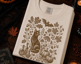 Vintage Halloween Black Cat Shirt, Linocut Design, Dark Cottagecore, Mushrooms & Pumpkins
