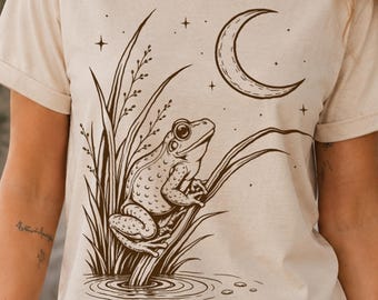 Funny Cute Frog Shirt, Moon Frog, Linocut Pond Life, Frog Lover Gift, Marsh Pond Graphic Nature Tee