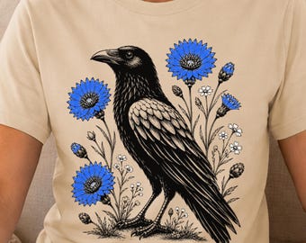 Raven and Cornflower Shirt, Wildflower Bird Tee, Nature Lover Gift for Bird Watchers