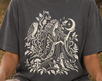 Forest Witch Shirt, Linocut Nature Graphic with Owl, Deer and Moon