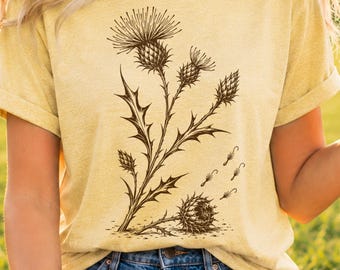 Scottish Thistle Shirt, Botanical Linocut Wildflower Tee, Nature Lover Gift