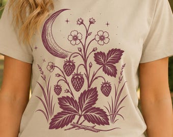 Strawberry Linocut Botanical Fruit Shirt, Cottagecore Moon Graphic, Nature Lover Gift