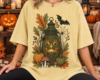 Vintage Halloween Jack O Lantern Shirt with Oak Leaves & Spider Web, Comfort Colors