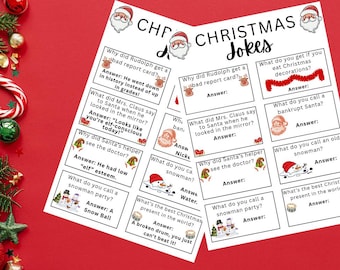 May include: A festive image featuring two white cards with Christmas jokes printed on them. The cards are decorated with Santa Claus illustrations and holiday-themed graphics. The background is a vibrant red, with Christmas ornaments and greenery.