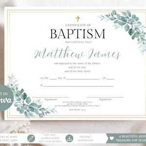 Peut inclure: Un modèle de certificat de baptême avec une bordure dorée, une petite croix dorée et des feuilles d'eucalyptus à l'aquarelle dans les coins. Le texte indique Certificate of Baptism, Matthew James, avec des lignes pour la date et les signatures.