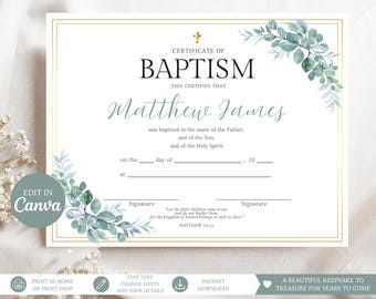 Baptism Certificate Editable Canva Template, Christening Certificate, Botanical Baptism Keepsake, Instant Digital Download