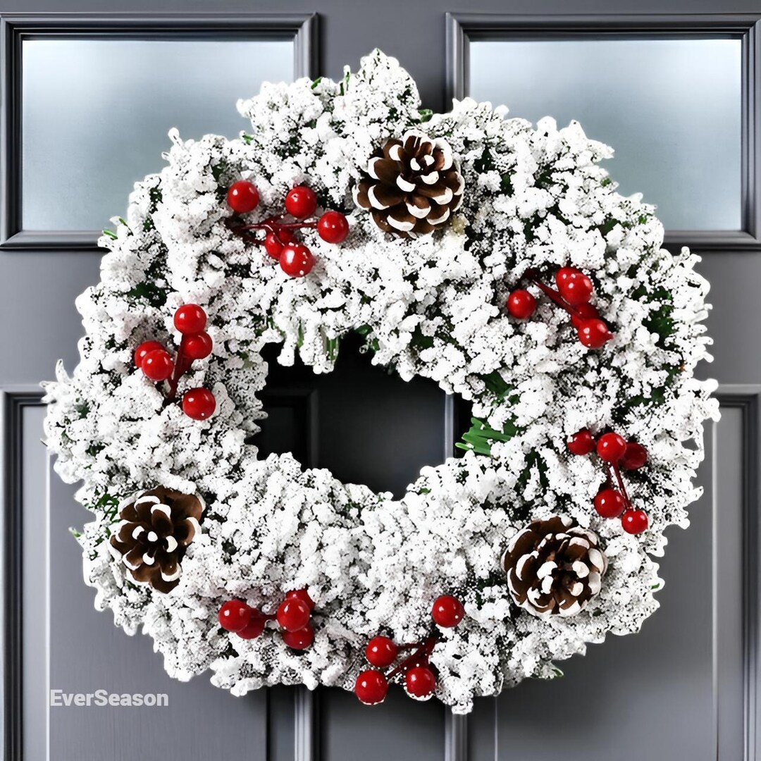 Snowy Christmas Wreath With Pinecones & Red Berries – 30cm Festive Door ...