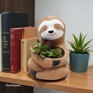 Peut inclure: Un pot de fleurs en forme de paresseux brun et blanc tenant une petite plante succulente. Le pot a un visage souriant et des griffes noires. Une petite plante verte dans un pot bleu est à droite. Le mot "EverSeason" est imprimé sur l'étagère.