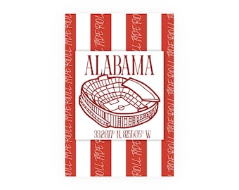 Stampa artistica dello stadio Bryant Denny dell'Università dell'Alabama: poster di football del dormitorio con coordinate
