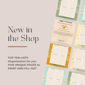 Pode incluir: Uma coleção de listas Top Ten imprimíveis com detalhes de margaridas. As páginas são em várias cores, incluindo amarelo, verde e azul. O texto nas páginas inclui "Today's 10-00 Lists" e "Top Ten". A imagem também inclui o texto "New in the Shop".