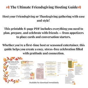 Può includere: Una guida PDF stampabile di 8 pagine per ospitare un Friendsgiving o un incontro del Ringraziamento. La guida include suggerimenti per pianificare, preparare e festeggiare con gli amici. La guida include antipasti, segnaposto e spunti di conversazione. Download immediato disponibile.