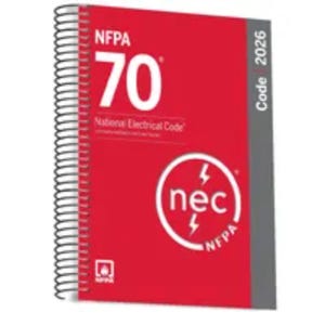 May include: A spiral-bound NFPA 70 National Electrical Code 2026 book with a red cover. The front features large white text reading 70, the NFPA logo, and a circular nec logo with lightning bolt icons. A gray vertical stripe runs along the right side.