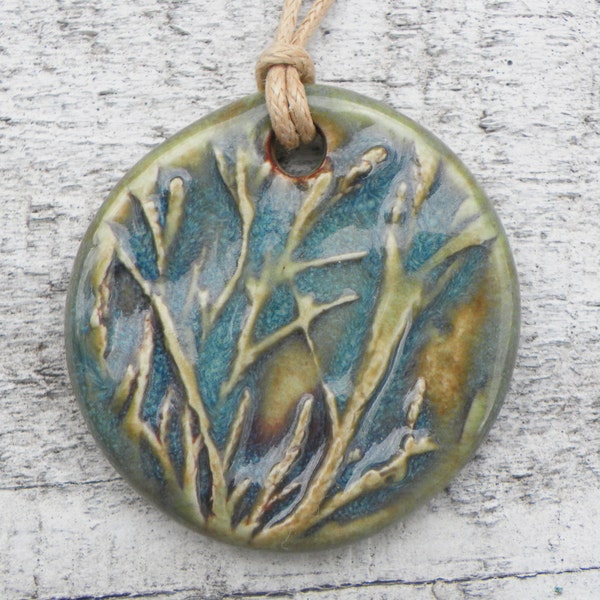 Olive and Blue Pine Needles Ceramic Pendant Necklace Casual Womens Nature