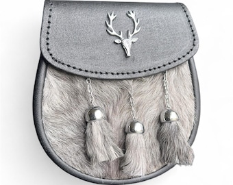 Black & Grey Sporran Traditional Stag Head come with Chain and Belt