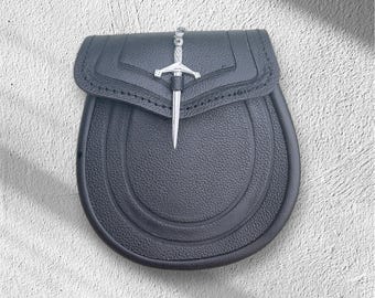 Black Sporran with Sword traditional way come with Chain and Belt