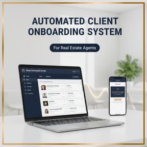 May include: A laptop and smartphone showing a client onboarding system interface. The laptop screen displays a dashboard with client details. The smartphone screen shows a welcome message. Text at the top reads "AUTOMATED CLIENT ONBOARDING SYSTEM".
