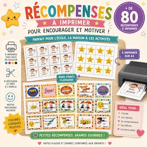 Puede incluir: Un conjunto de recompensas imprimibles con hojas coloridas, ilustraciones de monos, estrellas amarillas y textos motivadores en francés. La colección incluye varias tarjetas cuadradas con frases alentadoras para usar en casa o en la escuela.