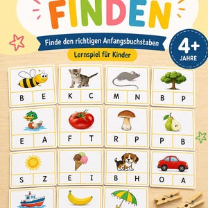 Può includere: Un set di 30 carte educative intitolato BUCHSTABEN FINDEN con illustrazioni di animali, cibo e oggetti. Ogni carta presenta un'immagine e due lettere per identificare la lettera iniziale corretta. Include due mollette di legno.