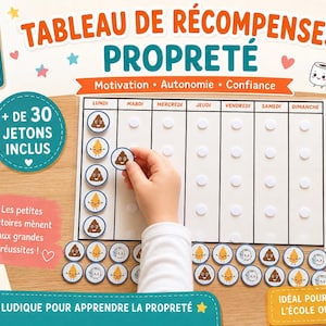 Peut inclure: Un tableau de récompenses propreté imprimable avec le texte TABLEAU DE RÉCOMPENSES PROPRETÉ, des colonnes pour les jours de la semaine, une section pour les victoires aux toilettes et plus de 30 jetons circulaires illustrant des dessins de caca, pipi et papier toilette.