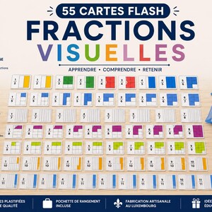 Könnte beinhalten: Ein Set aus 55 Lernkarten für Brüche, die farbenfrohe visuelle Darstellungen von numerischen Brüchen auf weißen Karten zeigen. Das Set enthält einen blauen Kordelzugbeutel zur Aufbewahrung und ist durchgehend mit französischem Text versehen.