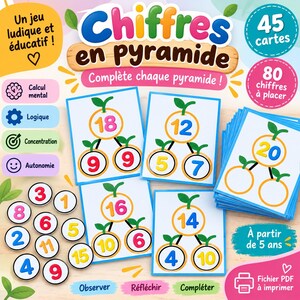 May include: A Chiffres en pyramide educational card game set featuring 45 cards and 80 number tokens. The cards display orange-themed pyramid math puzzles with numbers. Text includes 'Un jeu ludique et éducatif!', 'Complète chaque pyramide!', and 'Fichier PDF à imprimer'.