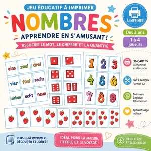 May include: A printable educational game for children featuring 36 cards to learn numbers, quantities, and words. The set includes cards with German number words, red dice patterns, and colorful cartoon digits, plus cards with strawberry illustrations.