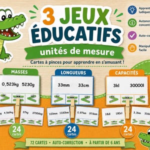 Peut inclure: Jeu éducatif avec un crocodile vert. Le jeu comprend des cartes pour mesurer les masses, les longueurs et les capacités. Les cartes affichent des mesures telles que 0,523 kg, 33 mm et 3 kl. Pour les enfants à partir de 6 ans.