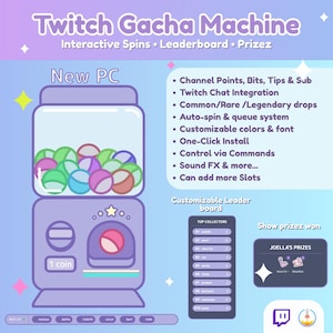 May include: A purple Twitch Gacha Machine graphic with the text "Twitch Gacha Machine". The machine has a glass container filled with colorful balls. Features include interactive spins, leaderboard, and prizes.
