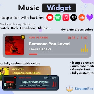 Może przedstawiać: Cyfrowy widget muzyczny z napisem "Music Widget", wyświetlający informacje o utworze, wykonawcy i tytule. Posiada integrację z last.fm i dynamiczne kolory albumu. Kompatybilny z Twitch, Kick, Facebook i TikTok. Konfigurowalne opcje.