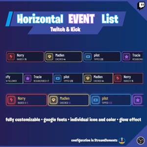 Puede incluir: Gráfico digital con el texto "Horizontal EVENT List" y "Twitch & Kick". Presenta notificaciones de eventos personalizables con iconos, colores y efectos de brillo. El texto inferior dice "fully customizable • google fonts • individual icon and color • glow effect."