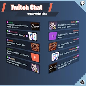 May include: A graphic showing a Twitch chat interface with profile pictures. The text reads "Twitch Chat with Profile Pics." Chat messages include user names, comments, and emotes. The background is a gradient of blues and purples.