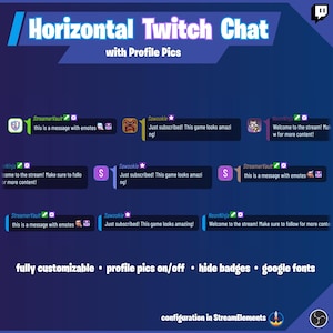 May include: A digital graphic showcasing a horizontal Twitch chat interface with profile pictures. The design features customizable options, including profile pics on/off, hide badges, and Google fonts. The text reads "Horizontal Twitch Chat with Profile Pics."