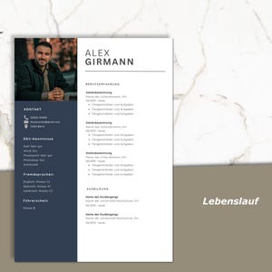 May include: A professional resume template with a photo of a man at the top left. The resume has a dark blue sidebar with contact information and skills. The main body is white with sections for work experience and education. The word "Lebenslauf" is in the bottom right.