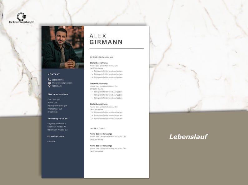 May include: A professional resume template with a photo of a man at the top left. The resume has a dark blue sidebar with contact information and skills. The main body is white with sections for work experience and education. The word "Lebenslauf" is in the bottom right.