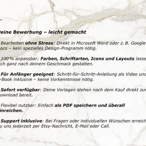 May include: A white and gold marble-patterned background with black text. The text reads "Deine Bewerbung - leicht gemacht" and lists features like easy editing, customization, beginner-friendly guides, and instant availability.