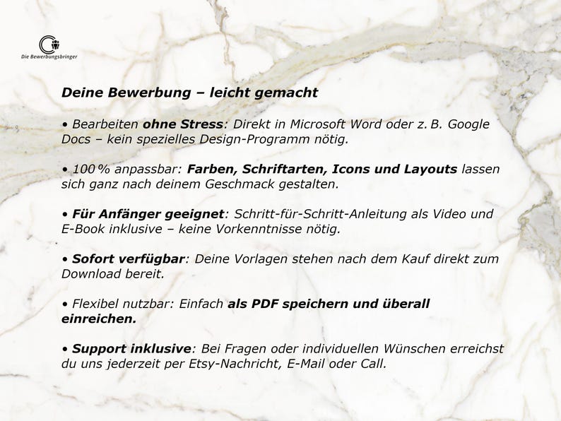 May include: A white and gold marble-patterned background with black text. The text reads "Deine Bewerbung - leicht gemacht" and lists features like easy editing, customization, beginner-friendly guides, and instant availability.