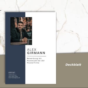 May include: A modern resume template with a photo of a smiling man. The design features a navy blue and white color scheme with the name "Alex Girmann" prominently displayed. The text "Deckblatt" is visible.