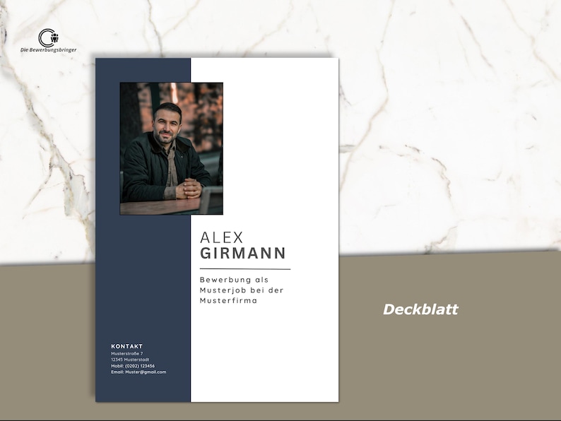 May include: A modern resume template with a photo of a smiling man. The design features a navy blue and white color scheme with the name "Alex Girmann" prominently displayed. The text "Deckblatt" is visible.