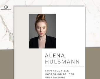 May include: A professional headshot of a woman with red hair in a bun, wearing a black blazer, is centered on a light gray background. The name "ALENA HÜLSMANN" is displayed in gray text below the photo, followed by German text.