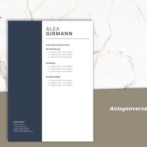 May include: A modern resume template with a navy blue sidebar and a white main section. The resume includes the name "Alex Girmann" and sections for "Berufserfahrung" (Professional Experience), "Ausbildung" (Education), and "Sonstige Anlagen" (Additional Information).