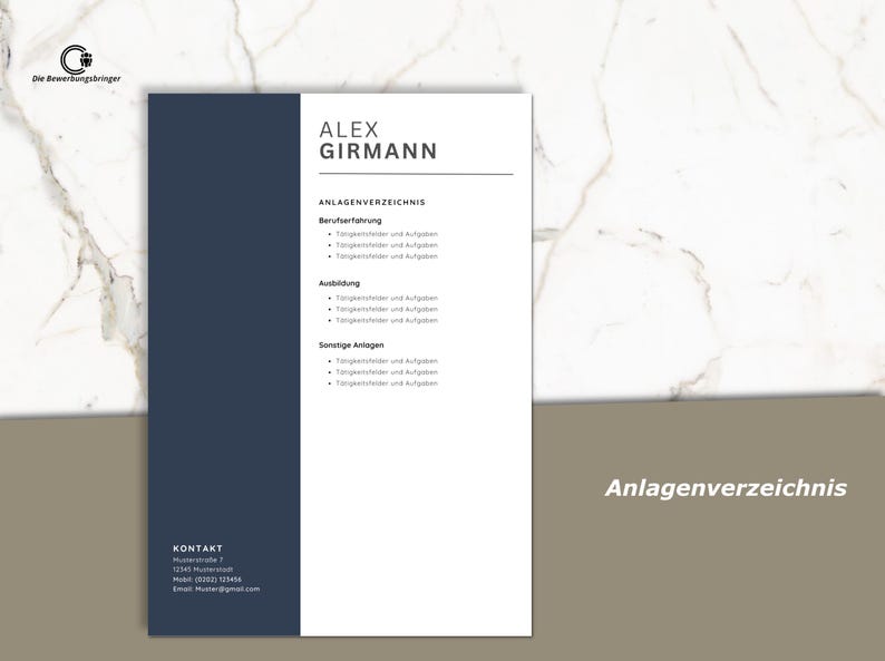 May include: A modern resume template with a navy blue sidebar and a white main section. The resume includes the name "Alex Girmann" and sections for "Berufserfahrung" (Professional Experience), "Ausbildung" (Education), and "Sonstige Anlagen" (Additional Information).