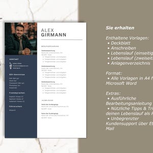 May include: A resume template with a photo of a man, the name "ALEX GIRMANN", and sections for contact information, work experience, and education. The resume is in a modern design with a navy blue sidebar.