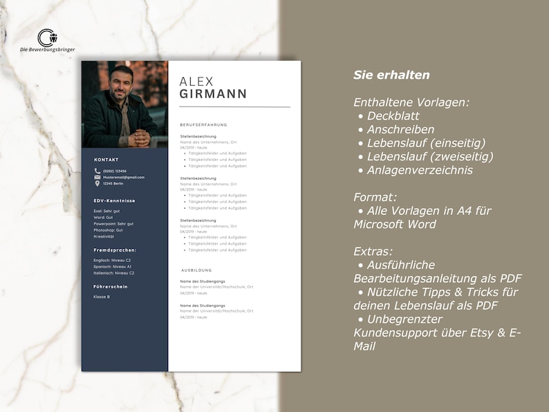 May include: A resume template with a photo of a man, the name "ALEX GIRMANN", and sections for contact information, work experience, and education. The resume is in a modern design with a navy blue sidebar.