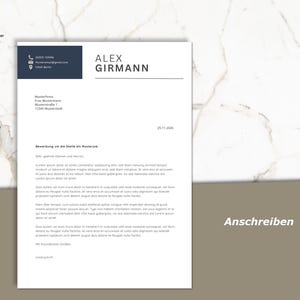 May include: A resume template with a dark blue header containing contact information and the name "ALEX GIRMANN". The document is primarily white with black text, including the date 25.11.2025 and the word "Anschreiben".