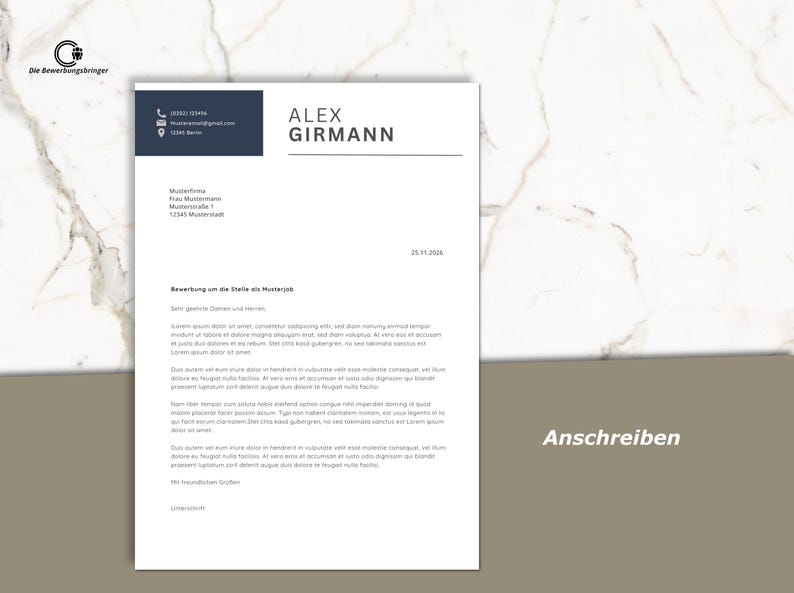 May include: A resume template with a dark blue header containing contact information and the name "ALEX GIRMANN". The document is primarily white with black text, including the date 25.11.2025 and the word "Anschreiben".