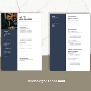 May include: A two-page resume template with a navy blue sidebar and white background. The resume includes a photo of a man, contact information, and sections for experience, education, and skills. The text "zweiseitiger Lebenslauf" is at the bottom.