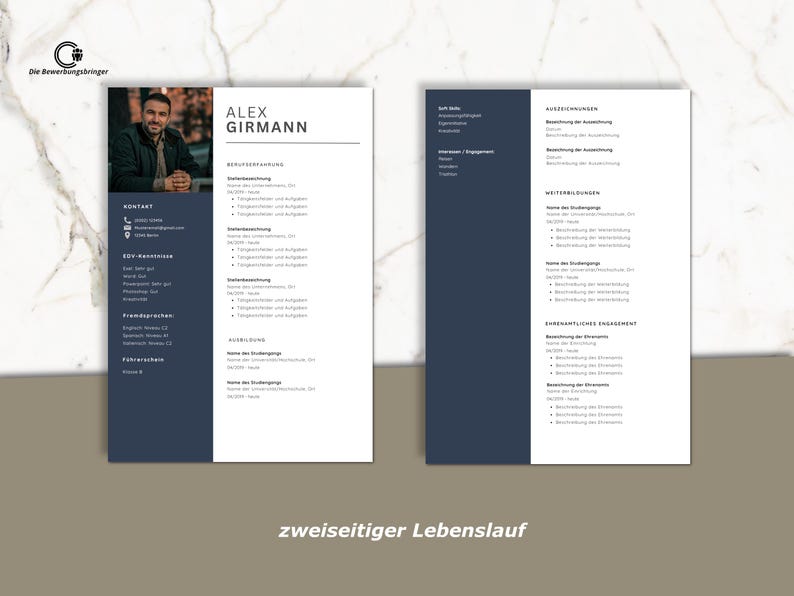 May include: A two-page resume template with a navy blue sidebar and white background. The resume includes a photo of a man, contact information, and sections for experience, education, and skills. The text "zweiseitiger Lebenslauf" is at the bottom.