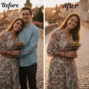 Pode incluir: Uma mulher em um vestido com estampa floral segurando um buquê de flores, sorrindo em uma ponte de pedra. A imagem é dividida em duas seções, rotuladas como "Antes" e "Depois", mostrando a mulher com um homem na seção "Antes".