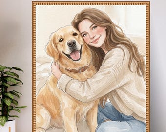 Personalized Pet Portrait with Owner, Custom Pet Sketch Outline from Photo, Personalized Pet Line Art, Simple Watercolor Dog or Cat Drawing