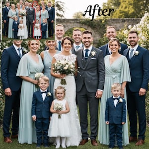 Può includere: Un gruppo di persone, tra cui una sposa e uno sposo, posa per una foto di matrimonio. La sposa indossa un abito di pizzo bianco e tiene in mano un bouquet. Lo sposo indossa un abito grigio. Il corteo nuziale è vestito con sfumature di blu e verde. La parola "After" è scritta in corsivo nero.